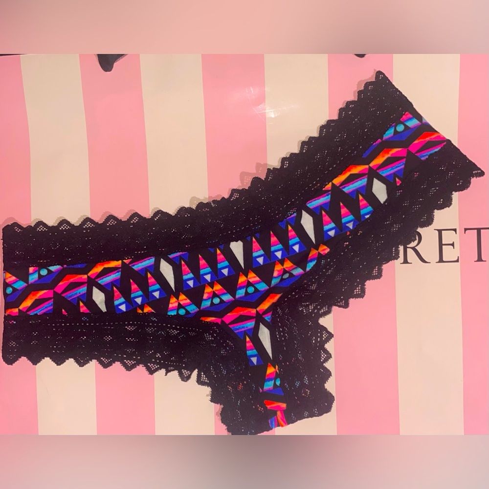 PINK Victoria’s Secret Cotton lace Cheekster black lace pink panties neon geo